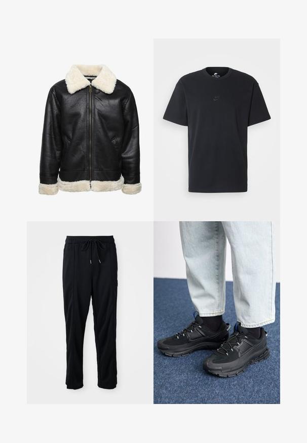 Svart faux lær jakke med hvit faux pels krage og mansjetter. Har front glidelås og sidelommer. Teksturerte overflater synlige.; Nike svart bomull T-skjorte med klassisk rund hals, korte ermer, og en subtil, preget logo på brystet. Glatt tekstur.; Svarte casual bukser med strikk i livet, sidelommer og rett bein på en ensfarget bakgrunn.; Svarte sportssko med teksturert stoff og gummisåler, med elastiske lisser og en blå detalj på hælen. Brukt med lyse denimbukser.