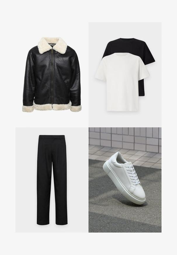 Black faux leather jacket with a white faux fur collar and cuffs. Features a front zipper and side pockets. Textured surface visible.; Cotton t-shirt set featuring a black top and a white top, both with short sleeves, round neckline, and standard fit. Textured fabric.; Black trousers made of smooth fabric, featuring a straight-leg design, two front pleats, and standard waistband with belt loops.; White leather sneaker with a smooth surface, round toe, and flat white laces. Features a textured rubber sole and minimal design elements.