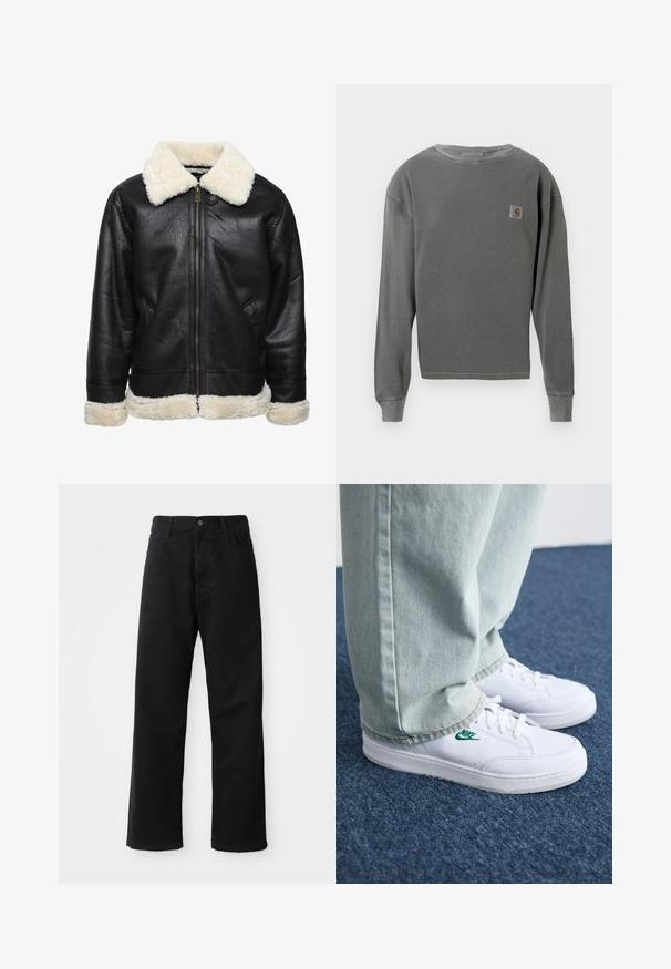 Svart konstläderjacka med en vit konstpälskrage och manschetter. Har en framsida med dragkedja och sidofickor. Texturerad yta synlig.; Grå långärmad tröja med rund hals och ribbad textur, med en liten fyrkantig logotyp på vänster bröst och ribbade ärmslut.; Svarta denimbyxor med rak passform, försedda med framfickor, dragkedja och en enda knapp i midjan. Strukturerad tyg med matt yta.; Vita lädersneakers med grön Nike-logga, rund tå, platt sula, kombinerade med ljusblå denimbyxor, visade på en blå matta.