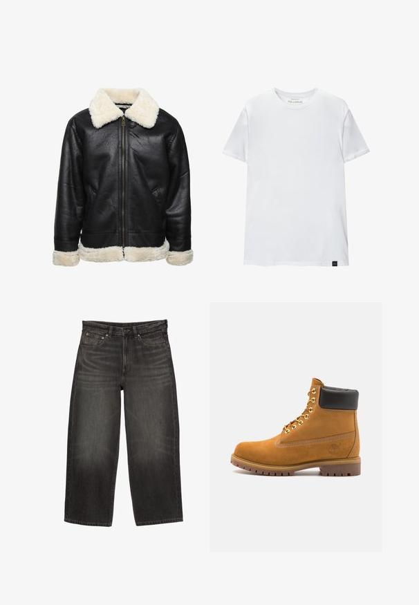Sort imitation læderjakke med en hvid kunstpelskrave og -manchetter. Har en frontlynlås og sidelommer. Struktureret overflade synlig.; Hvid muskeltilpasset t-shirt lavet af bomuld. Rund hals, korte ærmer, glat tekstur. Lille sort logo-tag nederst. Enkelt design.; Sorte denim jeans med bred benvidde, frontlommer, bæltestropper og knaplukning, der viser diskret falming og slidte detaljer.; Tan nubuck ankelstøvle med sort polstret krave, gyldne metaløjer, hvid syning detaljer og robust gummisål med udtalte slidbaner.