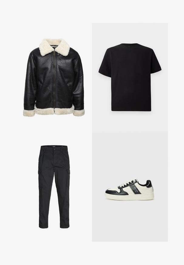 Crna jakna od umjetne kože s bijelim krznom ovratnika i manžeta. Ima predni zatvarač i bočne džepove. Vidljiva teksturirana površina.; Crna majica kratkih rukava od teksturiranog materijala, s okruglim izrezom i opuštenim krojem. Jednostavna, bez uzoraka ili naglasaka.; Crne cargo hlače izrađene od čvrstog materijala, s brojnim džepovima, kopčanjem na gumb i dizajnom koji pomaže da se prilagode tijelu sa suženim nogavicama.; Kožne tenisice s crno-bijelom paletom boja, koje imaju perforirane akcentne detalje, podstavljeni ovratnik i teksturiranu potplat.
