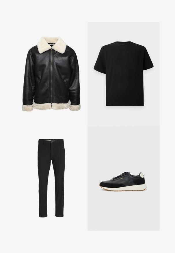 Zwarte neplederen jas met een witte nepbont kraag en manchetten. Voorzien van een rits aan de voorkant en zijzakken. Textuur is zichtbaar.; Zwarte T-shirt met korte mouwen van gemerceriseerd stof, met een ronde halslijn en een relaxte pasvorm. Eenvoudig, zonder patronen of accenten.; Zwarte katoenen broek van een katoenmix met een slim fit, voorzien van een knoopsluiting, zakken en opgerolde mouwen voor een casual afwerking.; Zwarte sneaker met een mix van gestructureerd leer en suede, met een witte tussenzool en een gumrubberen buitenzool. Veters in bijpassend zwart.