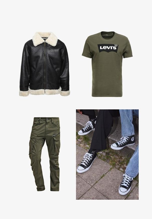 Černá koženka s bílým umělým kožešinovým límcem a manžetami. Obsahuje přední zip a boční kapsy. Viditelný texturovaný povrch.; Olivově zelené bavlněné tričko s velkým černým logem Levi's na přední straně. Klasický kulatý výstřih a krátké rukávy, hladká textura.; Olivově zelené cargo kalhoty vyrobené z pevné bavlny. Obsahují několik kapsiček, boční kapsu na zip a zúžené nohavice s mírně texturovaným povrchem.; Černé kanvasové tenisky s vysokým střihem, bílé gumové podrážky a tkaničky, s kulatým logem na boku a spárované s džíny a černými kalhotami.