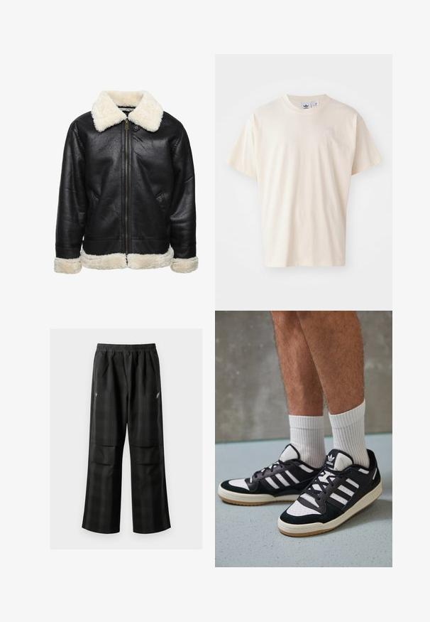 Juodas dirbtinio odos švarkas su baltu dirbtinio kailio apykakle ir rankogaliais. Turi priekinį užtrauktuką ir šonines kišenes. Matoma tekstūruota paviršius.; Kremo spalvos medvilnės marškinėliai su apvaliu iškirpimu ir trumpomis rankovėmis; ant krūtinės yra mažas, šviesios spalvos logotipas.; Juodos languotos kelnės su elastingu juosmeniu, dviem priekinėmis kišenėmis ir laisvu tiesiu kirpimu. Pagamintos iš lengvos medžiagos.; Juodos ir baltos sportinės bateliai su zomšiniu ir odiniu viršumi, su trimis baltomis juostelėmis, perforuota koja ir guminėmis padais.