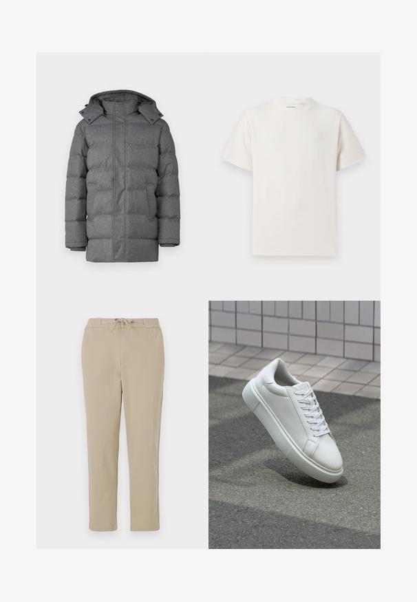 Brave Soul HESTON - Chaqueta de invierno - grey; Camiseta blanca de manga corta en textura acanalada. Cuello redondo, corte relajado, sin patrones ni acentos visibles. Diseño simple y versátil.; Pantalones de lounge beige con cinturilla elástica y cordón, que presentan un diseño de pierna recta y una textura suave y lisa.; Zapatilla de cuero blanca con una superficie lisa, punta redonda y cordones blancos planos. Presenta una suela de goma texturizada y elementos de diseño mínimos.