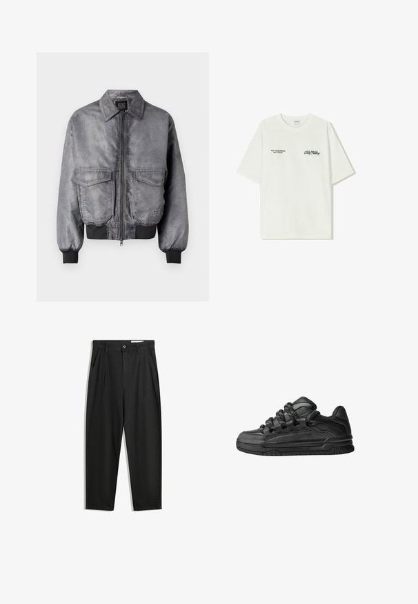 Gray bomber jacket with a smooth texture, zip front, two large chest pockets, and ribbed cuffs and hem. Features a classic collar design.; White cotton t-shirt with short sleeves. Front features black text: “NOT TOMORROW NOT TODAY” and “THE ART OF DIRT NOVING” in green script.; Black cotton trousers with a relaxed fit, featuring a classic waistband, front pleats, and side pockets. Smooth texture without patterns.; Black sneakers with a smooth leather upper, textured accents, and round black and white laces. Thick rubber sole with a patterned tread.