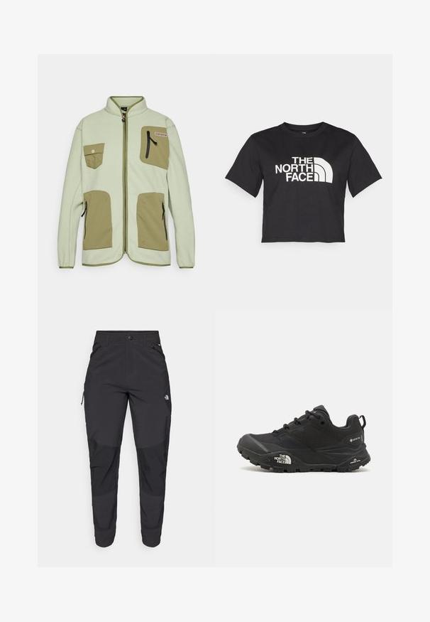 Fleecejakke i lys grønn med kontrasterende olivengrønne lommer, glidelås foran og høy krage; har to brystlommer og sideskinn.; Svart avkortet t-skjorte laget av bomull, med et hvitt logo med buede detaljer og teksten "THE NORTH FACE" på forsiden. Korte ermer, rund hals.; Svart utendørsbukser laget av slitesterkt stoff. Har glidelåslommer, forsterkede knær og en rett skjæring for bevegelighet.; Svart tursko med teksturert overdel, snøring og en kraftig gummisåle som har et fremtredende logo på siden og mønster i sålen.