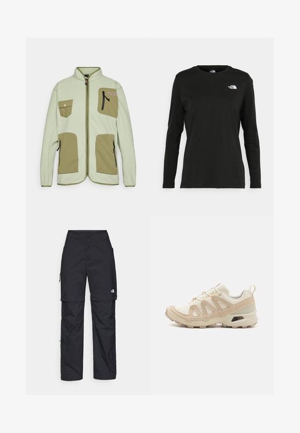 Fleece-takki vaaleanvihreänä, jossa on kontrastivihreät taskut, vetoketjusuljenta ja korkea kaulus; sisältää kaksi rintataskua ja sivuvetoketjulliset taskut.; Musta pitkähihaisen t-paita, joka on valmistettu puuvillasta ja jossa on pyöreä kaula-aukko. Vasemmassa rinnassa on pieni valkoinen logo. Yksinkertainen muotoilu ja istuvuus.; Mustat nailonista valmistetut irrotettavat cargo-housut säädettävillä lahkeilla, useilla taskuilla ja logolla oikeassa jalassa. Liukas, kevyt rakenne.; Beige ja kreemi värvi sportlikud jalanõud, millel on tekstiilne mesh ülemine osa, toetavad ülekatted ja kummist tald, millel on mustripattern haardeks.