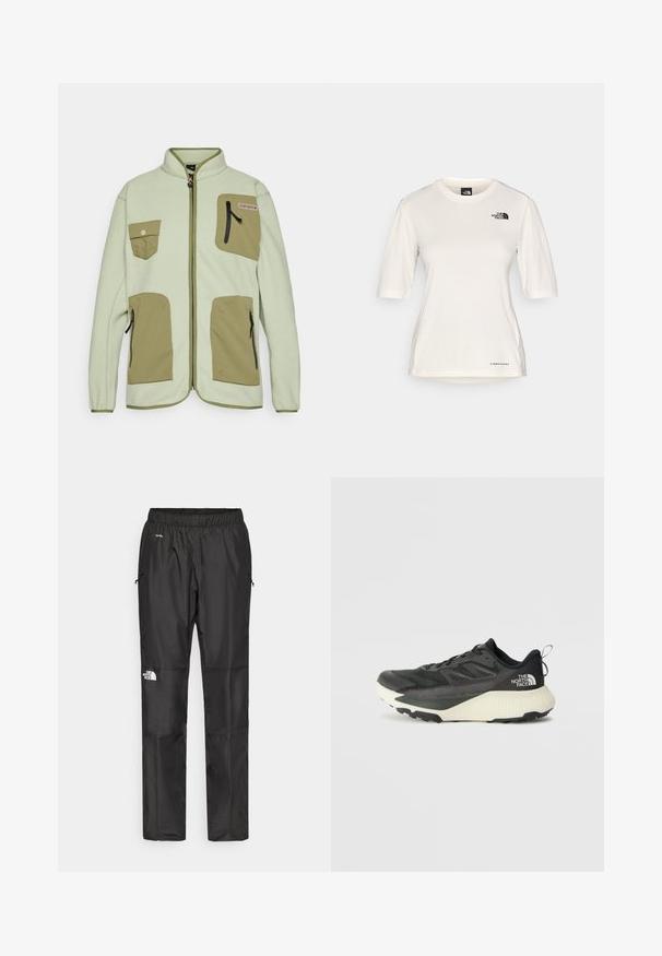 Giacca in pile verde chiaro con tasche in oliva a contrasto, chiusura con zip e colletto alto; presenta due tasche sul petto e zip laterali.; The North Face SHADOW SHORT SLEEVE - T-Shirt sport - white dune; Pantaloni impermeabili neri realizzati in tessuto leggero, dotati di cintura elastica, tasche laterali e un logo sulla gamba sinistra.; Scarpa da ginnastica nera con tomaia testurizzata, con accenti grigi e un sottopiede bianco. Include una linguetta sul retro e un logo del marchio ben visibile sul tallone.