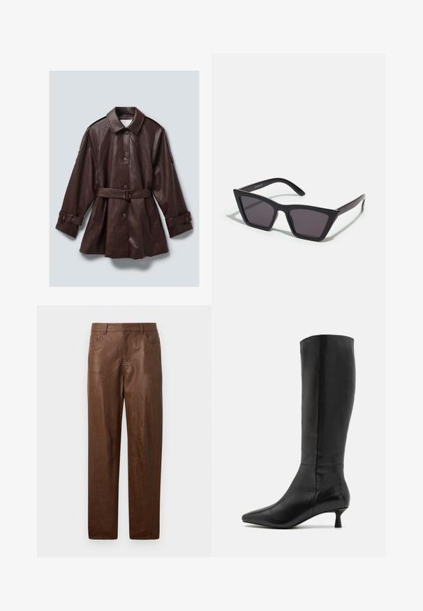 Mørkebrun lærbelte frakk med knappelukking, bred krage, lange ermer med spennebånd, og sidelommer.; Svart langermet tettsittende T-skjorte med rund hals, med lett tekstur og en liten hvit merkelapp ved kragen innvendig.; Brune skinnbukser med en jevn tekstur, rett ben design og to sidelommer. Har synlige sømdetaljer.; Zign Støvler - black; Svarte, kantete solbriller med grå linser; laget av plast, med tykke stenger som har en glatt overflate og ingen synlige festemidler.; Brun lærveske med to robuste håndtak, rektangulær form, jevn tekstur og glidelås. Minimalistisk design uten synlige mønstre.