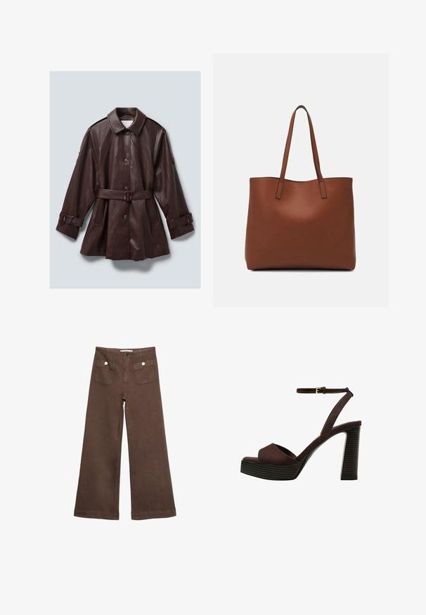 Cappotto in pelle marrone scuro con chiusura a bottoni, ampio colletto, maniche lunghe con cinturini e tasche laterali.; Maglietta a maniche corte marrone realizzata in tessuto morbido, con scollatura rotonda e vestibilità rilassata. Nessun motivo o dettaglio visibile.; Pantaloni larghi marroni in cotone, con due tasche frontali decorate da bottoni argentati e una texture liscia.; Sandal in camoscio marrone con tacco alto, punta aperta, cinturino alla caviglia regolabile e suola a piattaforma striata.; Borsa tote in pelle marrone con texture liscia, design con apertura superiore e due spallacci. Presenta cuciture minime e nessun hardware visibile.