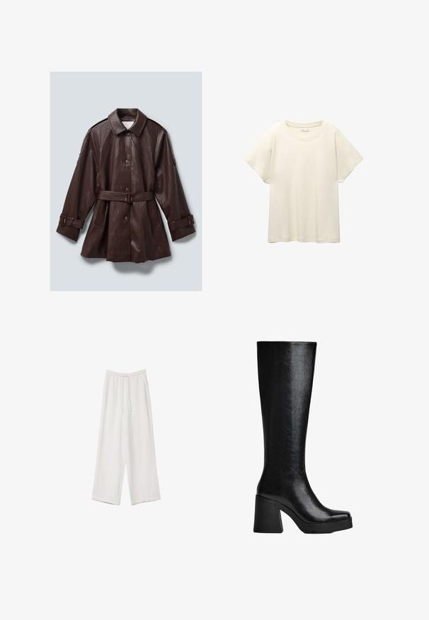 Tmavohnedý kožený kabát s opaskom a gombíkovým zapínaním, širokým golierom, dlhými rukávmi so sponovými pásikmi a bočnými vreckami.; Svetlo béžové tričko s krátkym rukávom a okrúhlym výstrihom, vyrobené z jemnej, hladkej tkaniny. Má voľný strih a rovný lem.; Biele široké nohavice vyrobené z ľahkej tkaniny. Obsahujú elastický pás so sťahovacou šnúrkou a bočné vrecká. Hladká textúra.; Čierne vysoké čižmy po kolená vyrobené z textúrovaného syntetického materiálu, s hranatou špičkou, robustným vysokým podpätkom a hladkým, elegantným povrchom.