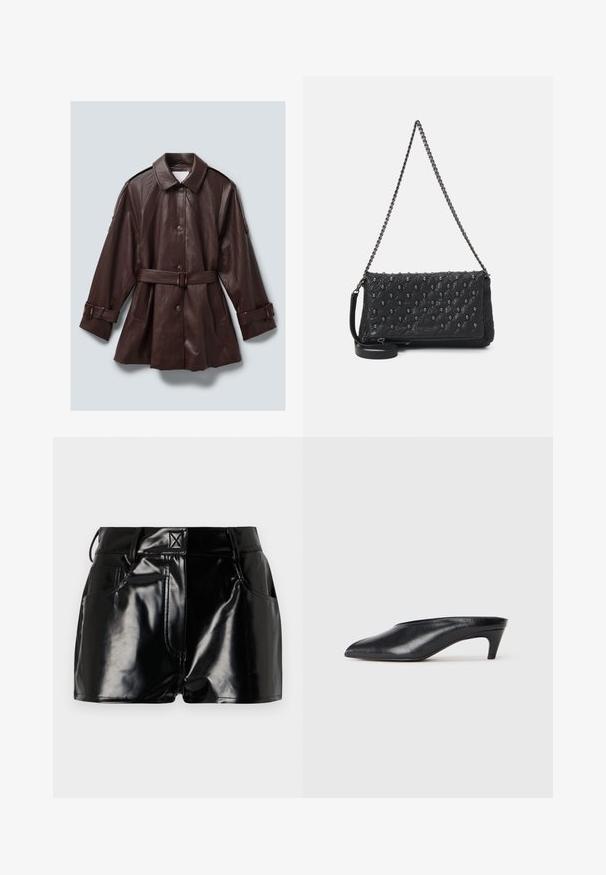 Dark brown leather belted coat with button closure, wide collar, long sleeves with buckle straps, and side pockets.; Black cropped t-shirt made of cotton, featuring a round neckline and short, wide sleeves for a loose fit. Smooth texture, simple design.; Black, glossy shorts made of synthetic material. Features a fitted waist, belt loops, and front pockets with prominent stitching details.; Black leather mules with a tapered toe, low heel, and smooth texture. Minimalistic design with no visible hardware or patterns.; Black quilted leather bag with a chain strap, featuring skull accents and a zip closure. Textured surface with a glossy finish.