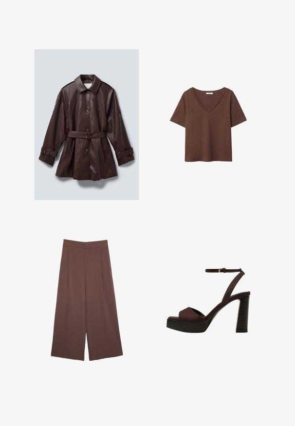 Ciemnobrązowy skórzany płaszcz z paskiem, z zapięciem na guziki, szerokim kołnierzem, długimi rękawami z klamrami oraz kieszeniami po bokach.; Brązowy bawełniany t-shirt z krótkimi rękawami i głębokim dekoltem w kształcie litery V. Prosty design, miękka faktura i prosty krój u dołu. Brak wzorów i akcentów.; Brązowe spodnie o szerokich nogawkach z gładką fakturą, z wysokim stanem i plisami z przodu. Materiał jest lekki i luźno opada.; Brązowe zamszowe sandały na wysokim obcasie z odkrytymi palcami, regulowanym paskiem na kostce i paskowatą podeszwą.