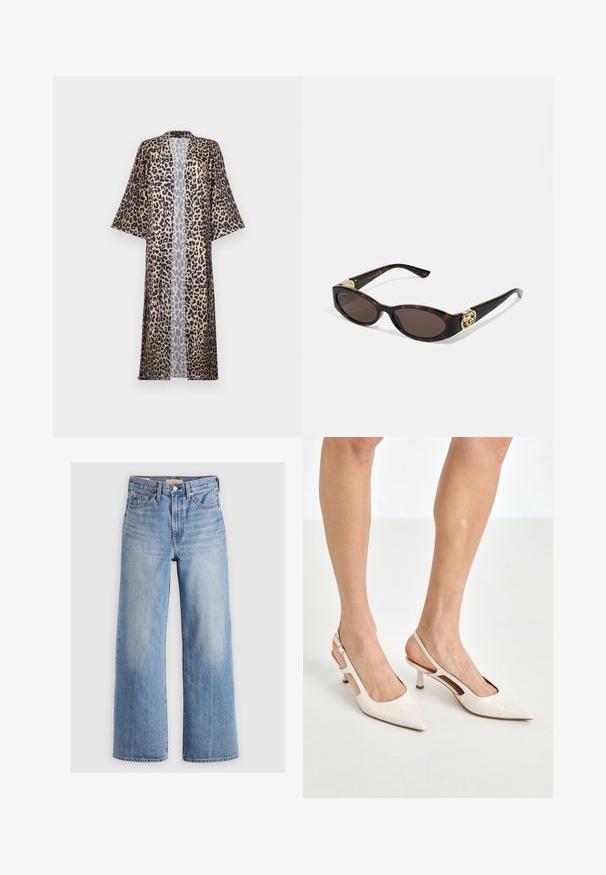 Leopardų rašto kimono su laisvu siluetu, trumpomis rankovėmis, atviru priekiu ir šilkiniu paviršiumi. Spalvų paletėje yra juoda, ruda ir smėlio.; Ilgų rankovių turtleneko marškinėliai šviesiai bežėje spalvoje. Pagaminti iš minkšto, elastingo audinio, su laisvu siluetu ir sulankstytu kaklo iškirpimu.; Šviesiai mėlyni džinsiniai kelnių plačiais kojomis ir aukštu liemeniu, su nusidėvėjusiomis vietomis, penkiomis kišenėmis ir kontrastinėmis siūlėmis. Klasikinis uždarymas mygtuku ir užtrauktuku.; Šviesiai pilkos, lakuotos odos slingback aukštakulniai su smailiu noseliu ir 5 cm kulnu, su išpjovomis šonuose ir plona kulkšnies juostele.; Tortoise kiaurinių saulės akinių su pailgomis ovalo formos lęšiais, rudos spalvos atspalviu, auksinėmis logotipo detalėmis ant šakelių ir elegantiškais juodais rankenėlėmis.; Iškirptas kreminės odos rankinukas su viena juosta, auksinėmis detalėmis ir subtiliu ženklinimu apačioje. Užtrauktukas viršuje.; Auksinis vėrinys su lapo dizainu ir tekstūruotais akcentais. Papuošalas turi grandinėlės užsegimą ir natūralią, dinamišką formą.