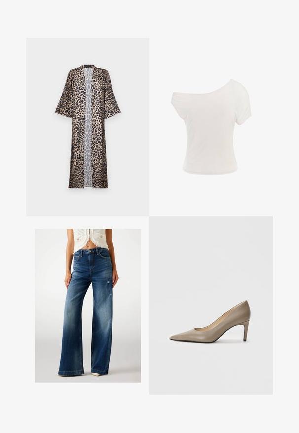 Kimono cu imprimeu leopard, cu o croială lejeră, care prezintă mâneci scurte, un front deschis și o textură mătăsoasă. Paleta de culori include negru, maro și bej.; Tricou alb, fără umeri, realizat dintr-un material moale și ușor. Mâneci scurte, formă ajustată și detalii cu margini rulate. Textură netedă.; Jeans din denim de culoare albastră închisă, cu croială largă, detalii uzate, talie normală și efecte de decolorare ușoară. Design clasic cu cinci buzunare și închidere cu nasture.; Pantof de piele bej cu toc înalt, ascuțit, de 7 cm. Suprafață netedă și design minimalist, fără ornamente vizibile.