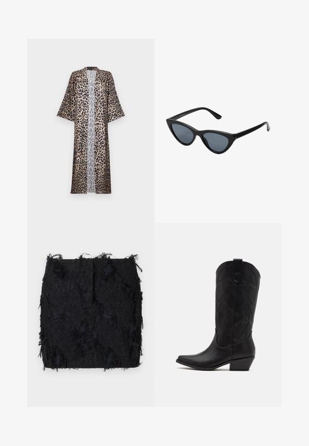 Leopardmønster kimono med en avslappet passform, kortermet, åpen front og silkeaktig tekstur. Fargepaletten inkluderer svart, brun og beige.; To kvinner med ribbestrikkede utringninger uten ermer i brun og svart, vist på en enkel hvit bakgrunn.; Svart teksturert skjørt med lagdelt frynse-design og en litt ujevn kant, laget av et lett materiale.; Sorte skinn cowboystøvler med spiss tå, lav stablet hæl og intrikat preget bladmønster på skaftet. Løkke øverst for enkel påkledning.; Sorte cat-eye solbriller med mørk grå linser, glatte plastikkrammer, spisse hjørner og rette stenger. Ingen synlig maskinvare eller detaljer.; Burgunderfarget lærhåndveske med en buet form, gullfarget detaljer på hardware og glidelås lukking. Har en avtagbar skulderrem.