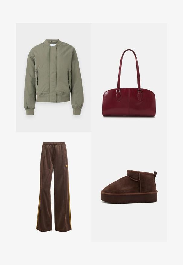 Oliwkowa kurtka bomberka z przednim zamkiem błyskawicznym, prążkowanymi mankietami i pasem w talii. Posiada boczne kieszenie oraz gładką, matową fakturę.; Zielona oliwkowa sweter z długim rękawem, z ribbowanymi mankietami, dołem i okrągłym dekoltem na białym tle.; Biała bawełniana koszulka z krótkim rękawem, okrągłym dekoltem i gładką fakturą. Tył jest gładki, bez dodatkowych wzorów czy zdobień.; Brązowe spodnie sportowe o luźnym kroju, z żółtymi paskami po bokach i elastycznym paskiem w talii. Wykonane z gładkiego, lekkiego materiału.; Brązowe zamszowe botki za kostkę z zaokrąglonym noskiem, miękką teksturą i grubą platformą. Posiadają subtelne przeszycie oraz pętelkę z tyłu.; Zign MURREN ciemnoczerwony