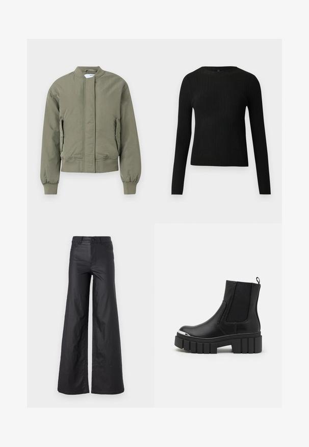 Olivovozelená bombrová bunda so zipsom vpredu, rebrovanými manžetami a pásom. Obsahuje bočné vrecká a hladký, matný povrch.; Čierny rebrovaný pulóver s dlhým rukávom, priliehajúci, s okrúhlym výstrihom, vystavený na jednoduchom svetlom pozadí.; Čierne široké nohavice z materiálu imitujúceho kožu. Majú vysoký pás, pútka na opasok, dve predné vrecká a šité detaily.; Čierne členkové čižmy vyrobené z hladkej kože s elastickými panelmi, hrubou platformovou podrážkou a kovovou špičkou.