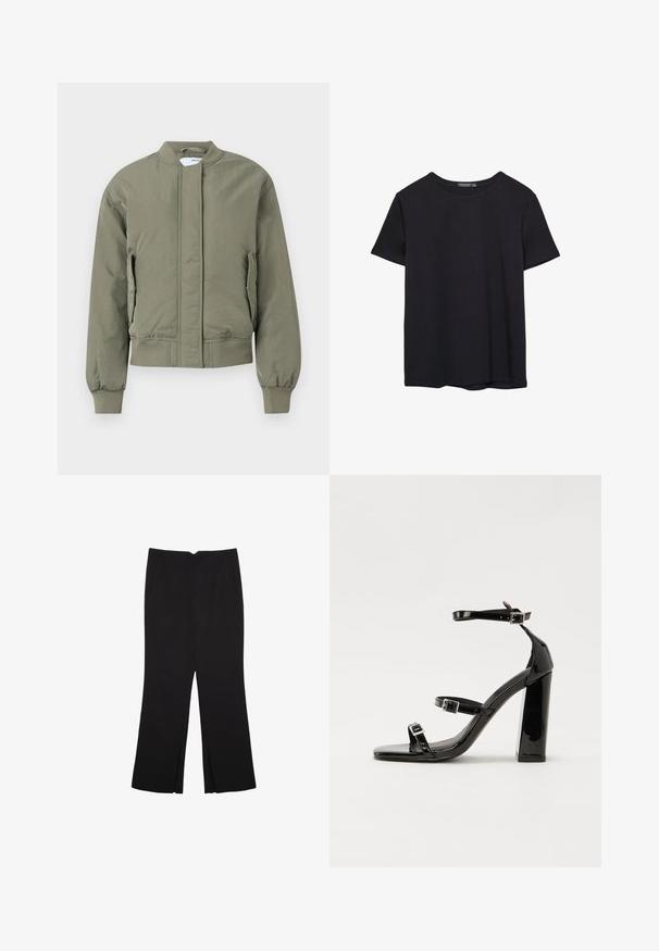 Oliven grøn bomberjakke med frontlynlås, ribbede manchetter og talje. Har sidelommer og en glat, mat tekstur.; Simpel sort kortærmet bomulds T-shirt med rund hals, præsenteret på en hvid baggrund.; Sorte bukser med lige pasform, der har frontlommer og slidser i kanten. Lavet af blødt, glat stof. Velegnet til forskellige anledninger.; Sorte patenterede hælsandaler med firkantet tå, ankelremme og sølvspænder. Har en chunky blokHæl for stabilitet.