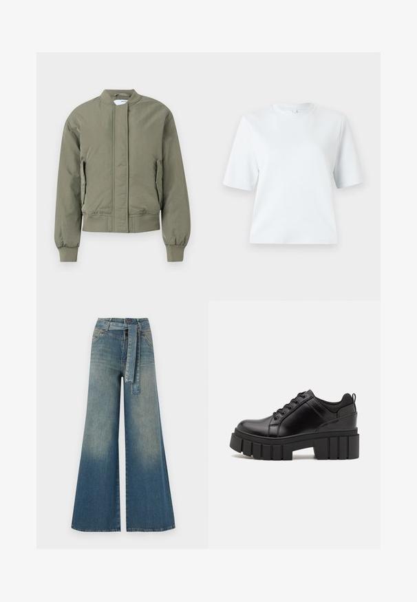 Olivovozelená bombrová bunda so zipsom vpredu, rebrovanými manžetami a pásom. Obsahuje bočné vrecká a hladký, matný povrch.; Svetlomodré tričko s krátkym rukávom, vyrobené z mäkkého bavlneného materiálu. Má klasický okrúhly výstrih a voľný strih, bez vzorov a akcentov.; Džínsy s širokými nohavicami, ktoré majú prechod od svetlomodrej po tmavomodrú, vysoký pás, pútka na opasok a opasok z rovnakého materiálu. Textúrovaný denimový povrch.; Čierne kožené platformy s masívnym blokovým podpätkom, okrúhlou špičkou a tradičným šnurovaním. Má hladký povrch a minimálne detaily.