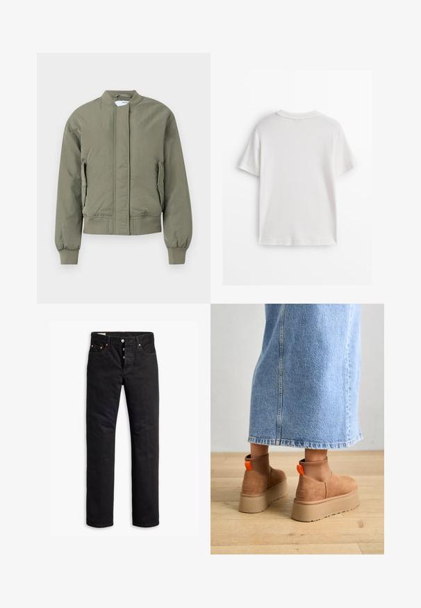 Olivgrüne Bomberjacke mit einem Frontreißverschluss, gerippten Bündchen und Saum. Verfügt über seitliche Taschen und eine glatte, matte Textur.; Weißes Baumwoll-T-Shirt mit kurzen Ärmeln, rundem Ausschnitt und glatter Textur. Die Rückseite ist einfarbig ohne zusätzliche Muster oder Designs.; Schwarze Denim-Jeans mit geradem Schnitt, Fünf-Taschen-Design und Knopfverschluss. Mit Kupfennieten und Nähtelementen.; Braune Wildleder-Plateau-Stiefel mit elastischen Seitenpaneelen und orangen Zuglaschen, kombiniert mit einem knielangen hellen Jeansrock auf einem Holzboden.