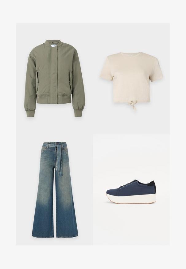 Oliwkowa kurtka bomberka z przednim zamkiem błyskawicznym, prążkowanymi mankietami i pasem w talii. Posiada boczne kieszenie oraz gładką, matową fakturę.; Przycięta beżowa koszulka z błyszczącego materiału, z krótkim rękawem i węzłem na dolnym brzegu. Gładka faktura i okrągły dekolt.; Szerokie spodnie dżinsowe z gradientem od jasnoniebieskiego do ciemnoniebieskiego, wysokim stanem, szlufkami na pasek oraz pasującym paskiem z tkaniny. Teksturowany wykończenie dżinsu.; Granatowe trampki z teksturowanej tkaniny, biała platforma, okrągły nosek i czarny akcent na pięcie. Posiadają sześć oczek na sznurówki.