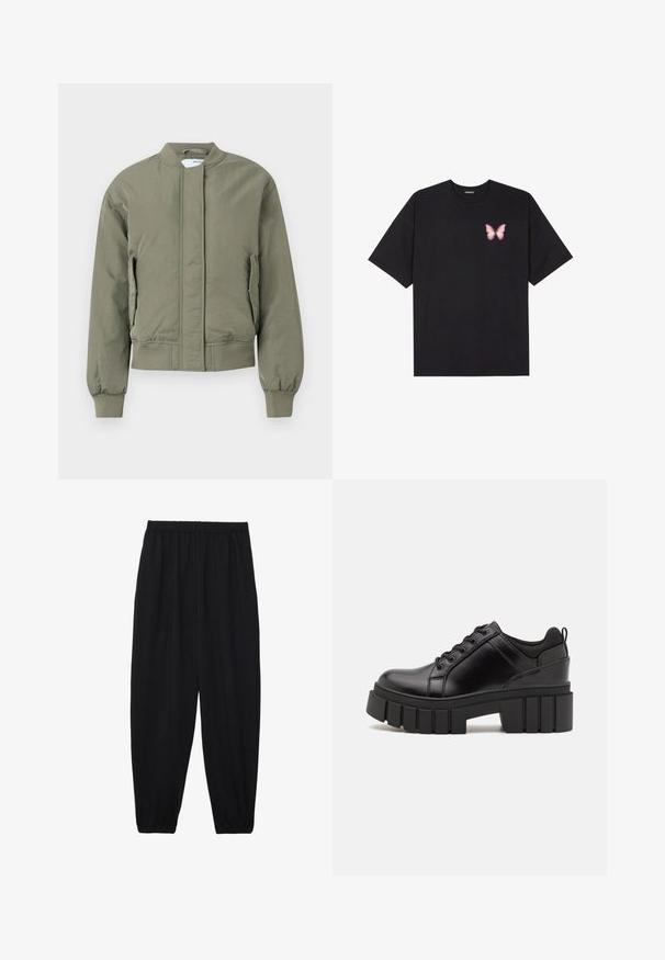 Olivenfarget bomberjakke med frontglidelås, ribbestrikkede mansjetter og liv. Har sidelommer og en glatt, matt tekstur.; Svart bomulls T-skjorte med korte ermer, med en liten rosa sommerfugl grafikk på venstre bryst. Crew-neck design med en avslappet passform.; Svarte, lette bukser med elastisk liv og rynkede ankler. Stoffet er glatt og har en avslappet, innsvingt design.; Svarte lærplattformsko med kraftig blokkhell, rund tå og tradisjonell snøring. Har en jevn tekstur og minimal detaljering.