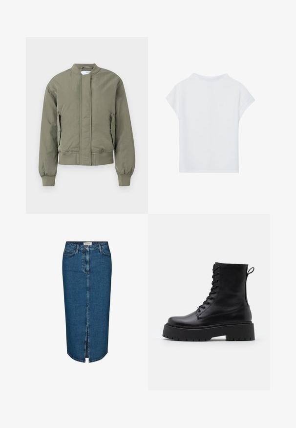Olivenfarget bomberjakke med frontglidelås, ribbestrikkede mansjetter og liv. Har sidelommer og en glatt, matt tekstur.; Hvit kortermet topp med avslappet passform, lett tekstur og rund halslinning. Bakfra viser den en jevn og enkel design.; Mørkeblå denim blyantskjørt med frontslitt, fem lommer og kontraststing. Midjehøyde med klassisk design.; Sorte skinn ankelstøvler med rund tå, snøring foran og tykk gummisåle med teksturert mønster. Håndtak bak.