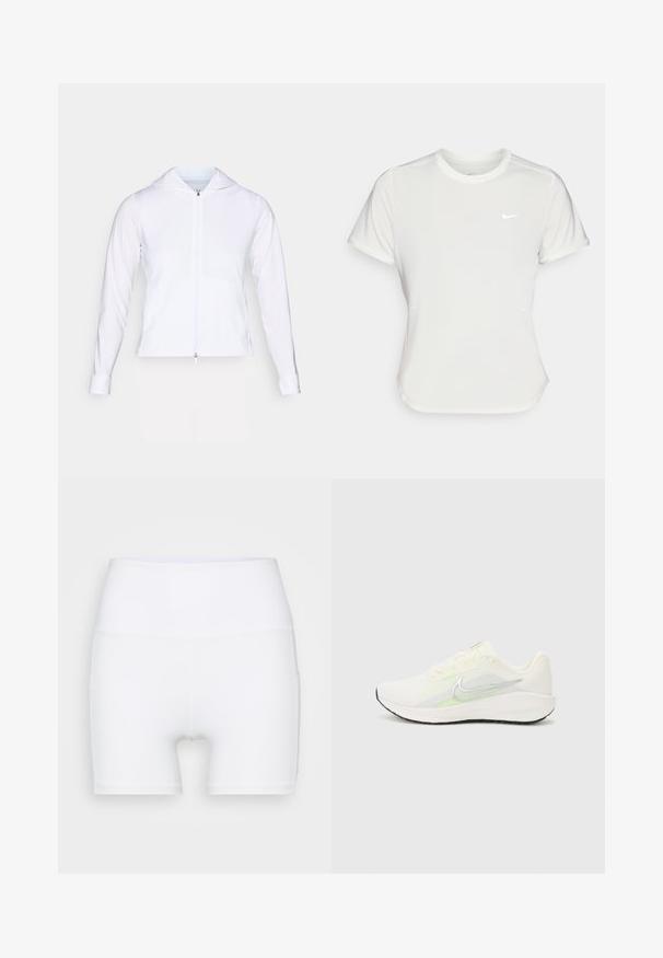 Jachetă albă, ușoară, cu fermoar și glugă, cu mâneci lungi și design ajustat. Confeționată dintr-un material neted, respirabil, cu un finisaj elegant.; Tricou Nike alb, cu mâneci scurte, decolteu rotund, fabricat dintr-un material neted și ușor. Prezintă un logo subtil pe piept.; Șorturi albe cu talie înaltă, fabricate dintr-un material elastic. Au o textură netedă și un design ajustat, fără modele sau accesorii suplimentare.; Nike Performance DOWNSHIFTER 13 - Pantofi de alergare pe asfalt - sail/silver-coloured photon dust/summit white/barely volt/black