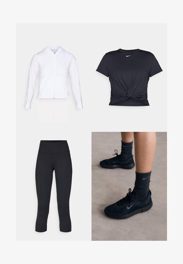 Hvit, lett zip-jakke med hette, lange ermer og figursydde detaljer. Laget av glatt, pustende stoff med en elegant overflate.; Svart trenings T-skjorte laget av glatt stoff, med en knyttet frontdesign og en liten hvit Nike-logo på brystet.; Sorte, cropped leggings laget av elastisk stoff, med høy midje og glatt tekstur, uten synlige mønstre eller detaljer.; Sorte Nike-sko med teksturert strikket overdel, med en grå swoosh-logo, kombinert med mørke, ribbede sokker. Flat gummisål.