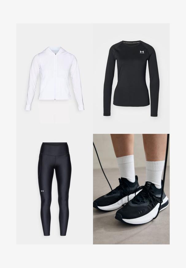 Bílá, lehká bunda na zip s kapucí, dlouhými rukávy a přiléhavým střihem. Vyrobena z hladké, prodyšné tkaniny s elegantním povrchem.; Černé sportovní tričko s dlouhým rukávem vyrobené z hladkého materiálu, s kulatým výstřihem a malým bílým logem na levém prsu.; Černé leginy vyrobené z hladkého, pružného materiálu s vysokým pasem. Obsahují bílé logo na levém stehně a mají přiléhavý střih.; Černé sportovní boty s texturovanou tkaninou, bílou podrážkou a černými tkaničkami. Nosené s bílými žebrovanými ponožkami, stojící na světlém povrchu.