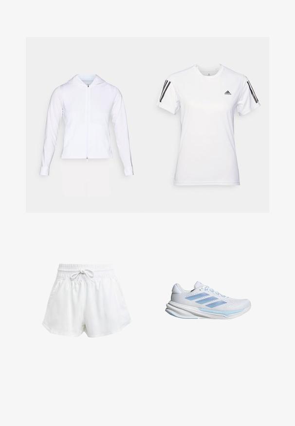 Giacca leggera bianca con zip e cappuccio, maniche lunghe e design aderente. Realizzata in tessuto liscio e traspirante con una finitura elegante.; Maglietta sportiva bianca realizzata in un tessuto leggero e liscio. Presenta dettagli neri a tre strisce sulle spalle e un piccolo logo nero sul petto.; Pantaloni sportivi bianchi con cintura elastica e cordino regolabile. Realizzati in materiale leggero, presentano tasche laterali e una vestibilità ampia.; Scarpe da corsa bianche con accenti blu chiaro, tomaia in rete traspirante, design a tre strisce, soletta ammortizzata e suola con trazione testurizzata.