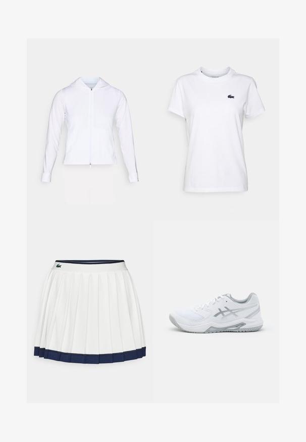 Hvid, letvægts zip-jakke med hætte, lange ærmer og tætsiddende design. Fremstillet af glat, åndbart stof med en strømlinet finish.; Hvid bomulds T-shirt med rund hals, korte ærmer og et lille marineblåt logo på venstre bryst. Glat tekstur, afslappet design.; Hvid plisseret nederdel med en marineblå talje og kant. Den har blødt stof med vandrette striber på taljen, designet til komfort.; Hvid atletisk sko lavet af mesh og syntetiske materialer, har grå accenter og snørebånd, tekstureret sål, buet design og logodetalje.