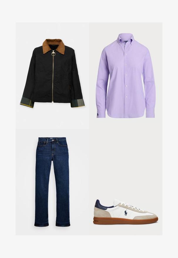 Czarna kurtka z brązowym kołnierzem z sztruksu, złotym zamkiem i mankietami w kratę z zielonymi i żółtymi akcentami. Casualowy design z bocznymi kieszeniami.; Jasnofioletowa koszula z długim rękawem, klasycznym kołnierzykiem i lekkiego materiału. Zawiera delikatnie haftowane logo na mankiecie.; Ciemnoniebieskie dżinsy typu straight leg, z pięcioma kieszeniami, miedzianymi szwami i klasycznym zapięciem na guzik.; Białe i beżowe sneakersy z cholewką z zamszu i skóry, granatowymi akcentami i brązową gumową podeszwą. Posiadają logo po boku oraz sznurowany design.