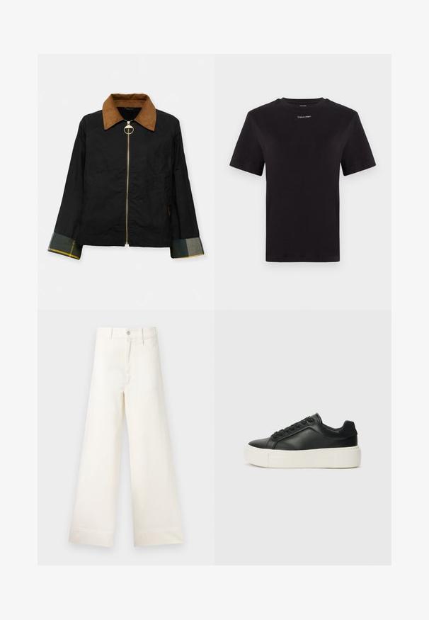 Μαύρο μπουφάν με καφέ βελούδινο γιακά, χρυσό φερμουάρ και καρώ μανίκια με πράσινες και κίτρινες λεπτομέρειες. Καθημερινός σχεδιασμός με πλαϊνές τσέπες.; Μαύρη βαμβακερή μπλούζα με κοντά μανίκια, στρογγυλή λαιμόκοψη και λευκό μικρό λογότυπο "Calvin Klein" στο στήθος. Λείο ύφασμα, κλασική γραμμή.; Φαρδιές παντελόνες από ανοιχτό μπεζ βαμβάκι. Διαθέτουν ψηλή μέση, μπροστινές τσέπες και ευθεία γραμμή. Καθαρό τελείωμα χωρίς σχέδια.; Μαύρο δερμάτινο sneaker με στρογγυλή μύτη, λευκή πλατφόρμα και μαύρους κορδόνες. Διαθέτει ένα διακριτικό λογότυπο στη φτέρνα και λεία υφή.