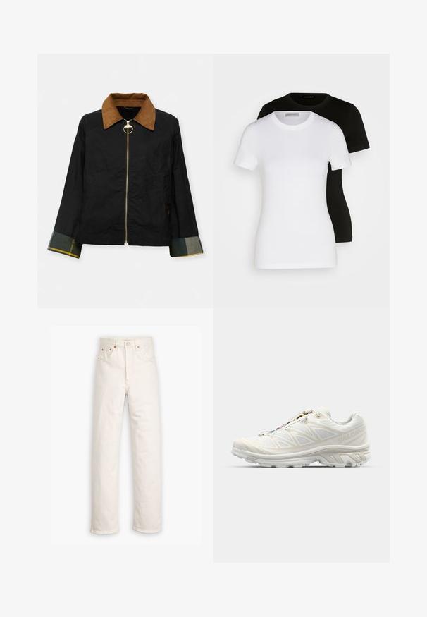 Black jacket with a brown corduroy collar, gold zipper, and plaid cuffs featuring green and yellow accents. Casual design with side pockets.; Two short-sleeve T-shirts in black and white. Made of smooth cotton, featuring a classic round neckline and regular fit.; White denim jeans with a straight-leg design, five-pocket style, and copper hardware accents. Raw hem finish at the ankles.; White running shoe with a breathable mesh upper, textured accents, and a cushioned sole. Features a quick-lace system for easy fitting.