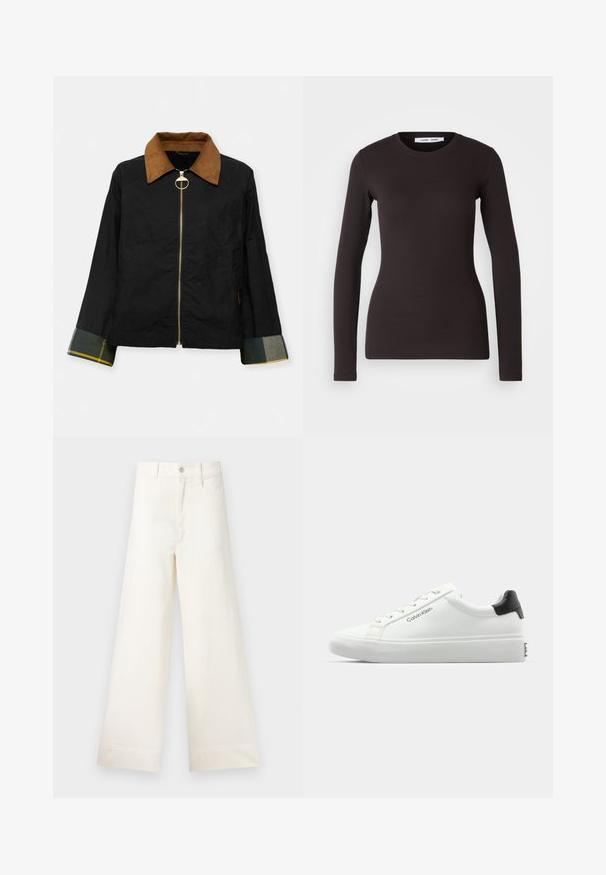 Black jacket with a brown corduroy collar, gold zipper, and plaid cuffs featuring green and yellow accents. Casual design with side pockets.; Long-sleeve black top made of soft, stretchy fabric. Features a round neckline and slim fit with smooth texture and no visible patterns.; Wide-leg trousers in light beige cotton. Features a high waist, front pockets, and a straight cut. Clean hem finishing without patterns.; White sneaker with a smooth finish, black heel accent, and lace-up design. Features "Calvin Klein" branding on the side. Minimalist style.