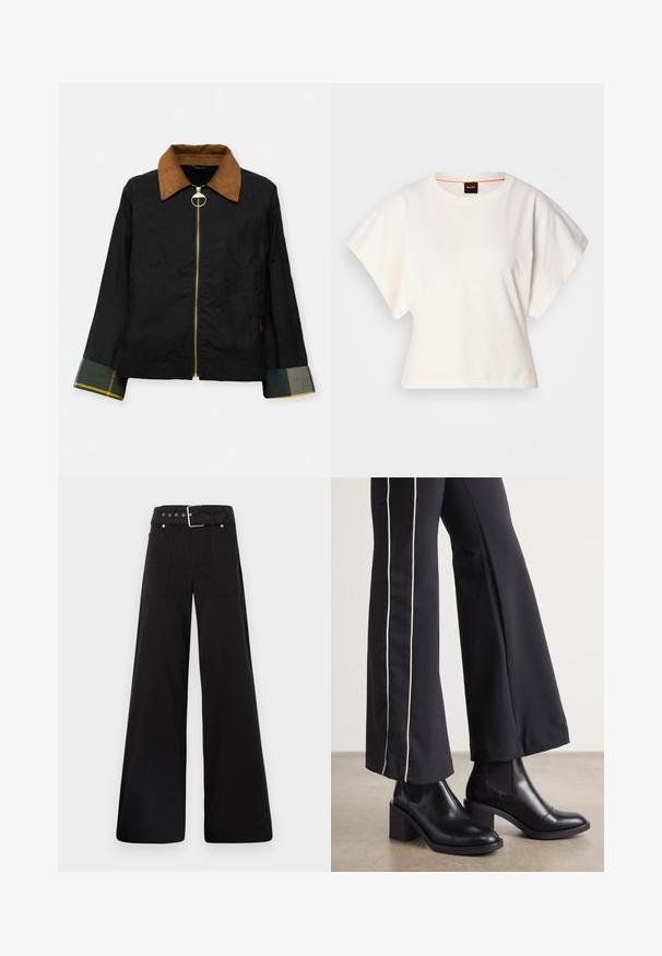 Black jacket with a brown corduroy collar, gold zipper, and plaid cuffs featuring green and yellow accents. Casual design with side pockets.; White cropped T-shirt, short wide sleeves, soft cotton material, round neckline with subtle orange trim, minimal design, no patterns or graphics.; Black wide-leg trousers made from cotton, featuring a high waist, large side pockets, and a belted waist with silver hardware accents.; Black leather ankle boots with a block heel, featuring elastic side panels. Paired with black pants that have a white side stripe.