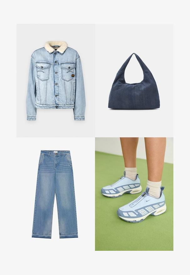 G-STAR RELAXED JACKET - Jeansjakke - sun faded cloudburst; Beskåret kremfarget t-skjorte laget av bomull. Har en rosa brodert logo med teksten "Nike Sportswear." Korte ermer og rund hals.; Lys blå høyt liv vid ben jeans med knappelukking, frontlommer, beltehemper og subtile falmede detaljer.; Lyseblå treningssko med hvite detaljer, strukturerte paneler og glidelås. Har en synlig luftputesåle og gummisåle.; Mørkeblå denimveske med en myk, slapp form, som har en hobo-stil håndtak og en teksturert overflate. Ingen synlige maskinvaredetaljer.