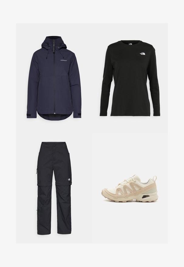 Mornarska vodoodporna jakna z nastavljivo kapuco, sprednjim zadrgo in kontrastnimi črnimi manšetami. Ima gladko teksturo in logo na prsih.; Črna majica z dolgimi rokavi iz bombaža z okroglo izrezom. Ima majhen bel logotip na levem prsnem delu. Enostaven dizajn in prileganje.; Črne najlon hlače z zipom, ki se lahko odstranijo, s prilagodljivimi manšetami, več žepi in logotipom na desni nogi. Gladka, lahka tekstura.; Bež in krem športni čevlji z teksturiranim mrežastim zgornjim delom, podpornimi prekrivali in gumijastim podplatom z vzorcem za oprijem.