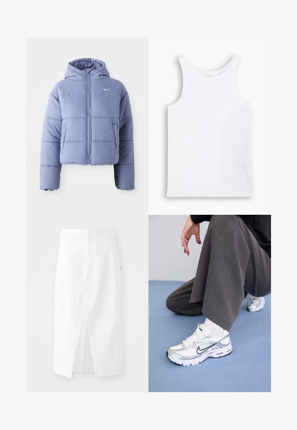 Casaco puffer corto em lavanda clara, com capuz, fecho éclair frontal e costuras horizontais. Bolso do lado esquerdo e logótipo da Nike.; Camisola de algodão branca, sem mangas, com alças largas, gola redonda e uma textura lisa e canelada. Sem padrões ou detalhes presentes.; Saia midi de algodão branca com corte reto, fenda lateral e fecho zíper oculto. Textura suave, design minimalista e sem embellishments visíveis.; Sapatilhas atléticas brancas e prateadas com materiais em malha e sintéticos, apresentando linhas de destaque pretas, atacadores e solas texturizadas.