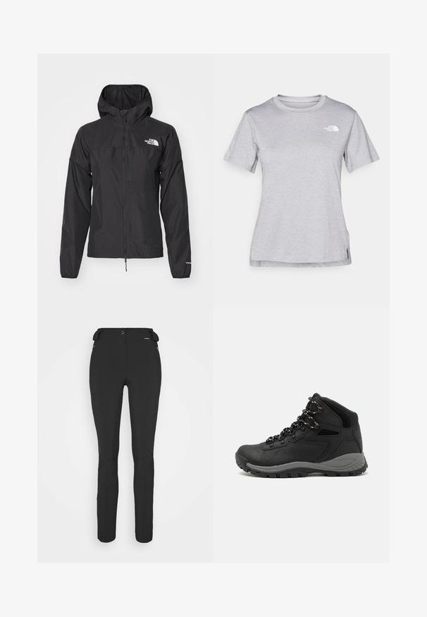 Giacca nera impermeabile con zip lunga, cappuccio regolabile e polsini elasticizzati. Presenta un logo sul petto e una texture leggera e liscia.; T-shirt grigio a maniche corte realizzato in morbido tessuto traspirante. Presenta un collo tondo e un piccolo logo bianco nella parte superiore sinistra.; Pantaloni neri aderenti realizzati in materiale flessibile. Presentano una tasca laterale con zip, ginocchia articolate e una texture liscia.; Stivale da trekking nero con design a metà altezza, dotato di una tomaia texturizzata, accenti grigi e suola in gomma resistente con tasselli per la trazione.