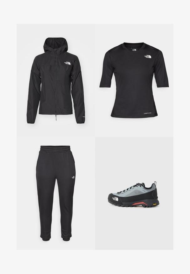Sort vandtæt jakke med fuld lynlås, justerbar hætte og elastiske manchetter. Har branding på brystet og en let, glat tekstur.; Sort kortærmet træningsskjorte lavet af struktureret materiale, med rund hals og The North Face-logoet i hvidt på venstre bryst.; Sorte sweatpants med elastisk talje og manchetter, lavet af blødt stof, med sidelommer og et logo på venstre lår.; Grå og sort vandresko med Gore-Tex overdel, forstærket tåhætte og Vibram sål, med sorte snørebånd og en løbesløjfe ved hælen.