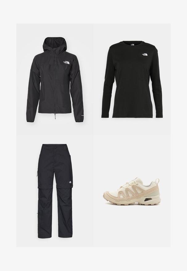 Veste imperméable noire avec fermeture éclair intégrale, capuche ajustable et poignets élastiques. Présente un logo sur la poitrine et une texture légère et lisse.; T-shirt noir à manches longues en coton avec un col rond. Présente un petit logo blanc sur la partie gauche de la poitrine. Design et coupe simples.; Pantalons cargo en nylon noir, à zip amovible, avec chevilles ajustables, plusieurs poches et un logo sur la jambe droite. Texture lisse et légère.; Baskets de sport beiges et crème avec une tige en mesh texturé, des superpositions de soutien et une semelle en caoutchouc dotée d'un motif de crampons pour une traction.