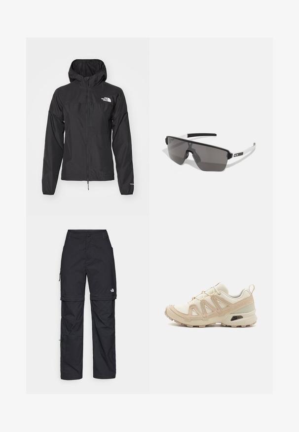 Musta vedenpitävä takki, jossa on täysipitkä vetoketju, säädettävä huppu ja elastiset hihansuut. Takissa on brändäys rinnassa ja kevyt, sileä rakenne.; Musta puuvillahihaton t-paita, jossa on pyöreä kaula-aukko ja lyhyet hihat. Huomattava valkoinen logo vasemmassa yläkulmassa. Sujuva kangas ja rento leikkaus.; Mustat nailonista valmistetut irrotettavat cargo-housut säädettävillä lahkeilla, useilla taskuilla ja logolla oikeassa jalassa. Liukas, kevyt rakenne.; Beige ja kreemi värvi sportlikud jalanõud, millel on tekstiilne mesh ülemine osa, toetavad ülekatted ja kummist tald, millel on mustripattern haardeks.; Mustat ja harmaat aurinkolasit, joissa on suuri, kulmikas muotoilu. Ominaisuuksina matta pintakäsittely ja valkoiset yksityiskohdat varsissa. Tummat tummennetut linssit.