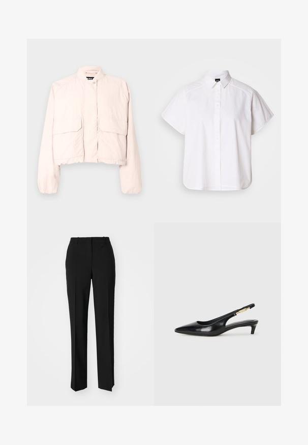 Cropped jacket in light pink fabric featuring a stand-up collar, front snap closure, and two front pockets with flap.; White short-sleeve button-up shirt with a pointed collar and curved hem. Made from cotton with a smooth texture and no visible patterns.; Black tailored trousers with a straight-leg design, featuring a smooth texture and crisp creases along the front. No visible hardware.; Black leather slingback heels with a pointed toe, featuring a slim heel and a gold-tone accent on the adjustable strap. Smooth texture.