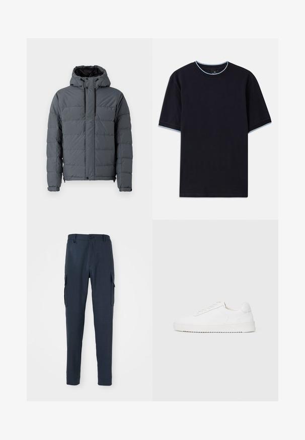 Siva puhovka s kapuco, z ojačanim dizajnom, elastičnimi manšetami in z zadrgo zaprtimi stranskimi žepi, narejena iz sintetičnega materiala.; Temno modra kratka majica s kratkimi rokavi in okroglim izrezom, s svetlo modrimi poudarki na ovratniku in rokavih. Narejena iz mehke bombažne tkanine.; Mornarske cargo hlače s teksturiranim blagom, slim fit, gumb s zatvaranjem na struku i bočne žepove za dodatnu funkcionalnost.; Bela teniska z gladkim usnjenim zgornjim delom, okroglim nosom, vezalkami, teksturiranimi stranskimi poudarki in debelim gumijastim podplatom. Minimalističen dizajn.