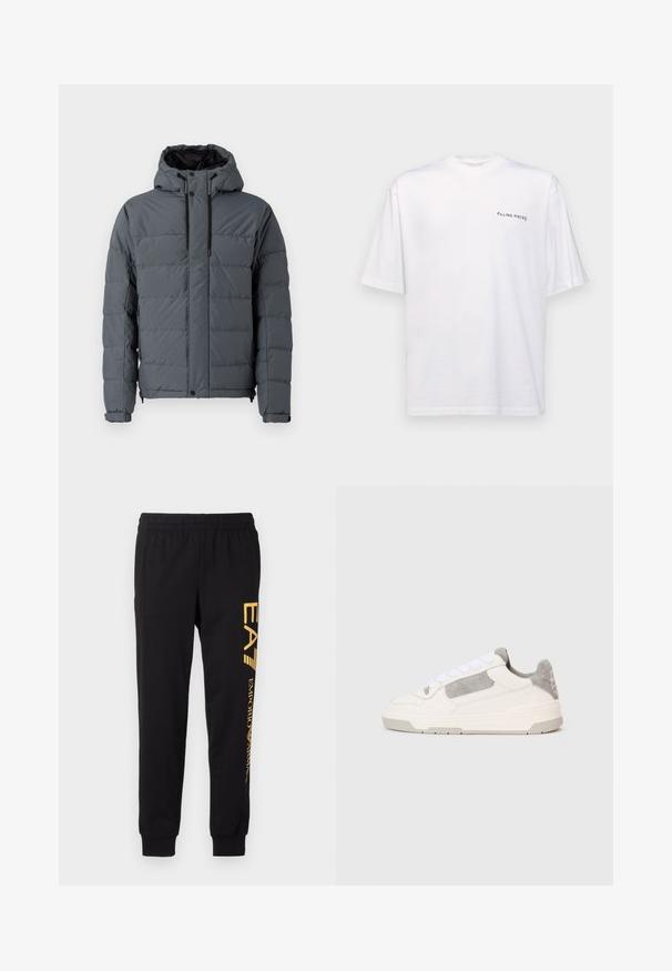 Gray puffer jacket with a hood, featuring a quilted design, elastic cuffs, and zippered side pockets, made from synthetic material.; White short-sleeve t-shirt in cotton with a v-neck, featuring a black "FILLING PIECES" logo printed on the left side.; Black sweatpants made of soft fabric, featuring an elastic waistband and cuffed ankles. Yellow branding printed vertically on the left leg.; White and light gray low-top sneaker with white laces and suede accents, shown from the side on a plain light background.