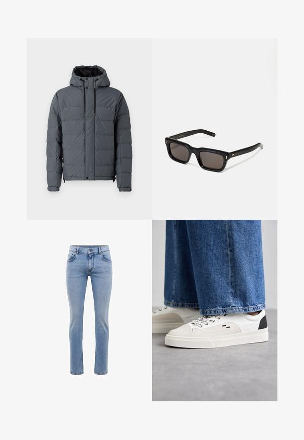 Šedá zateplená bunda s kapucí, s prošívaným designem, elastickými manžetami a kapsami na zip po stranách, vyrobená z syntetického materiálu.; Bílý krátký rukáv bavlněné tričko s kulatým výstřihem. Jednoduchý design bez vzorů nebo detailů. Hladká textura.; Svetle modré džíny z denimu s úzkým střihem, pět kapsami a rovnými nohavicemi. Obsahují zip a poutka na opasek. Měkká textura.; Bílé a černé tenisky s hladkým koženým svrškem, texturovanými akcenty a robustní bílou podešví. Mají klasický design se šněrováním.; Černé obdélníkové sluneční brýle s tmavými skly, silným plastovým rámem, zlatými akcenty na spáncích a vyrytým logem značky na nožičce.